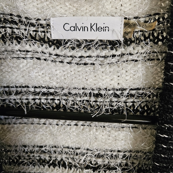Calvin Klein Black White Stripe Fuzzy Cropped Open Front Sweater - Size S - Picture 7 of 8